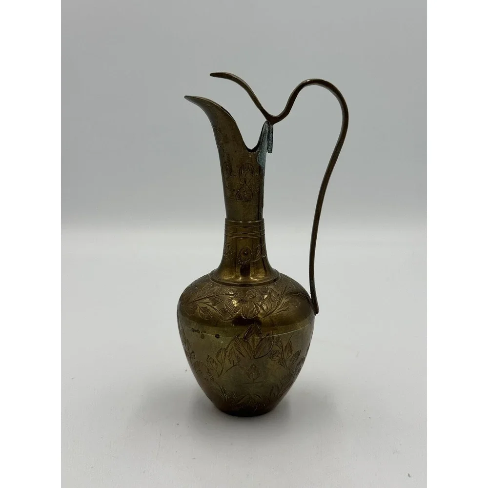 Vintage Solid Brass Miniature Pitcher Ewer Etched Floral Leaf Design Handle